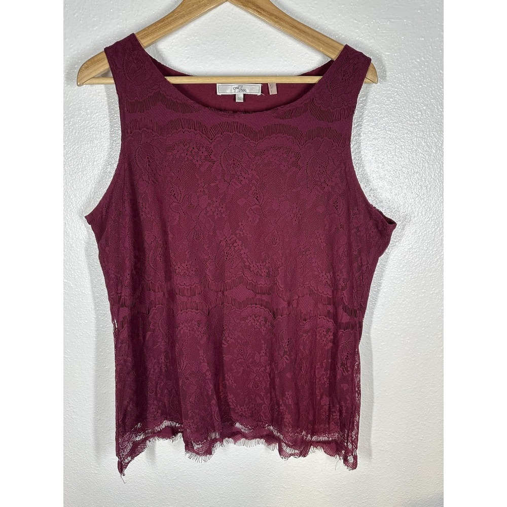 ONE7SIX Blouse Womens 1X Burgundy Lace Sleeveless Lined Scalloped Hem Tank‎ Top